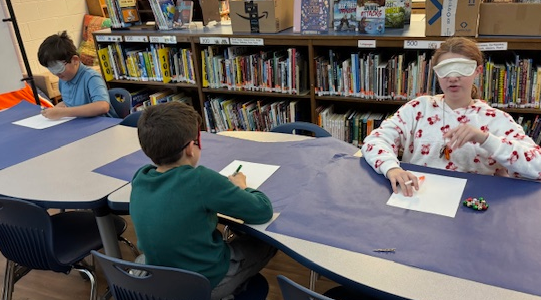 Students drawing with blindfolds on