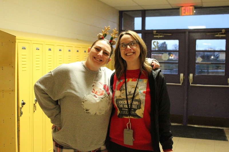 Students and staff dressed in holiday outfits