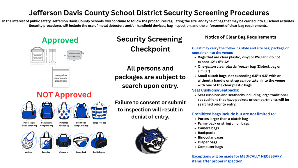 Flyer with approved and not approved game entry items. Clear bag policy