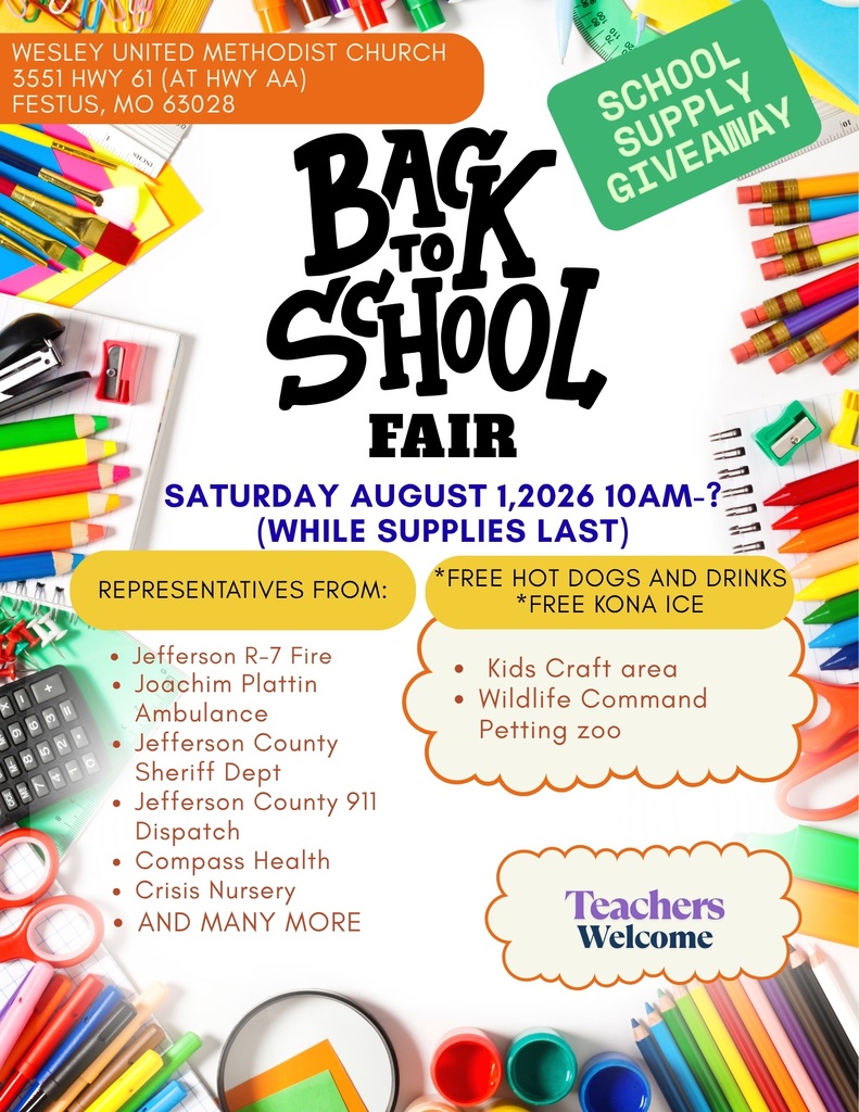 Back to School Fair at Wesley United Methodist Church on Saturday, August 1st from 10am until supplies last.