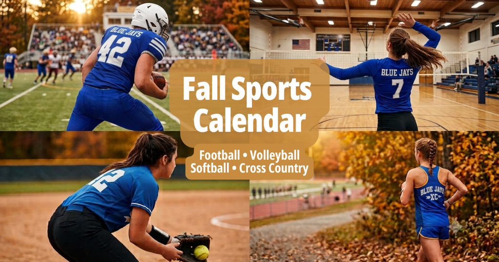 Fall Sports Calendar showing football player, volleyball player, softball player, and cross country runner