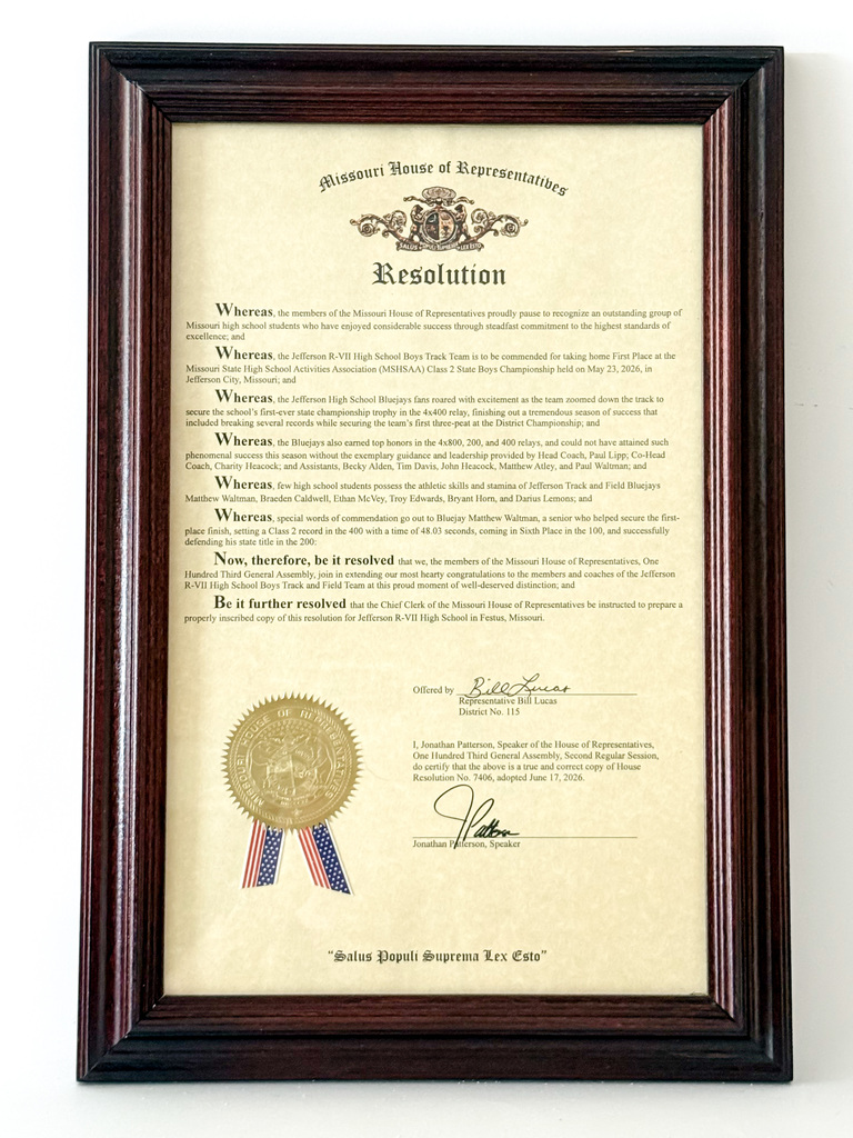 Missouri House of Representatives Resolution from Bill Lucas for the Jefferson R-VII High School Boys Track Team