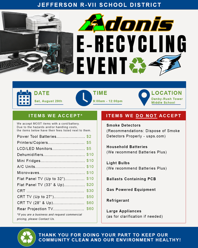 Adonis Electronic Recycling Event at Danby Middle school on Saturday, August 29th from 9am-12pm