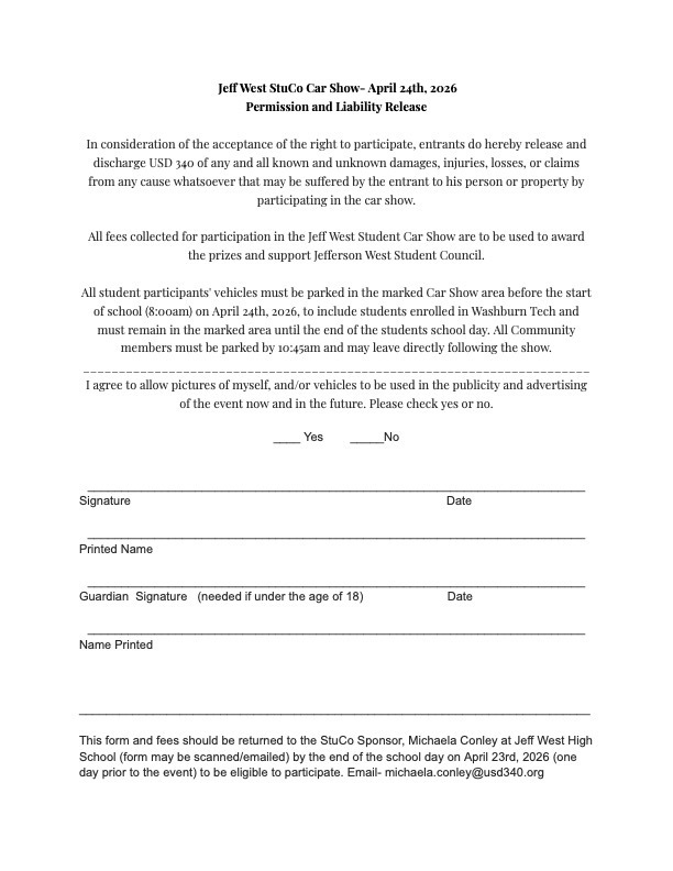 JWHS StuCo Car Show Liability Release Form