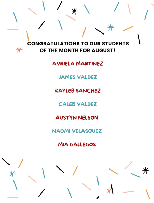 List of Students of the Month for August
