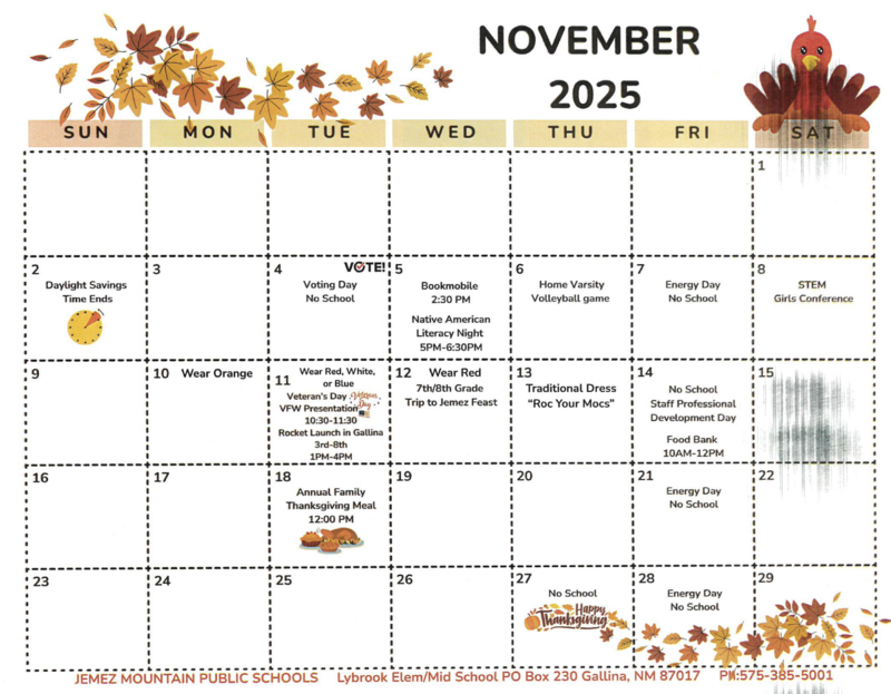 Lybrook Calendar of Events for November