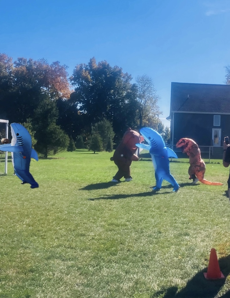 Teachers in costumes running