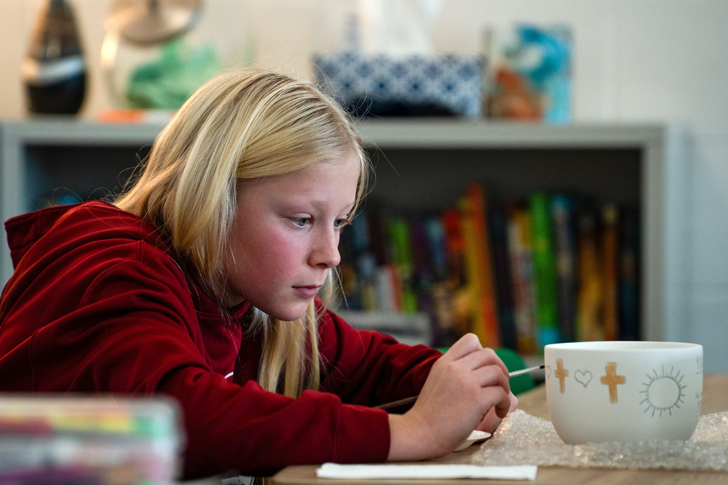 Students painting soup bowls