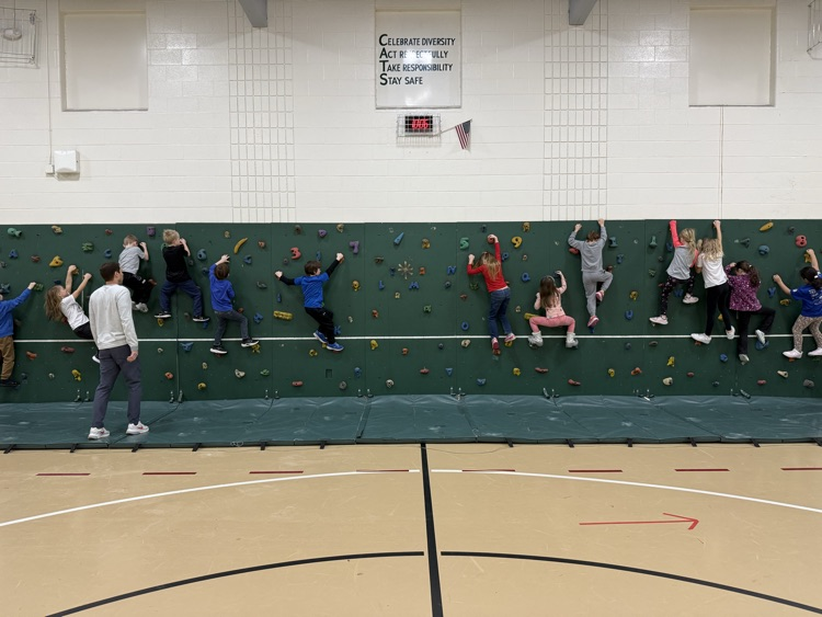 Students on rock wall in PE