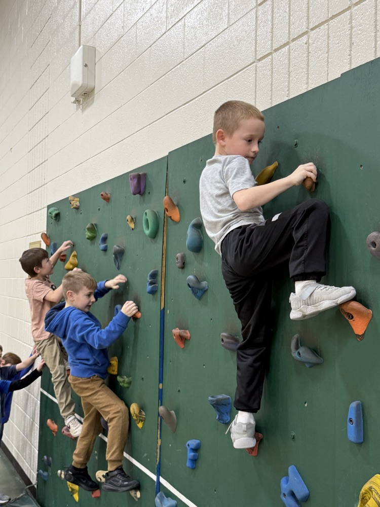 Students on rock wall in PE