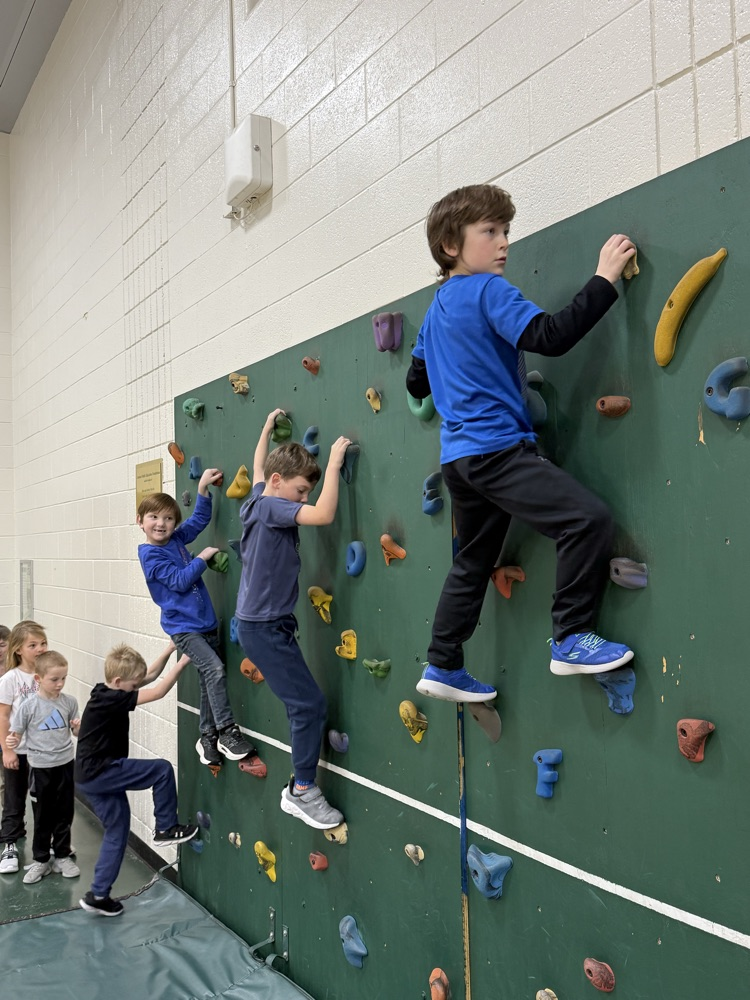 Students on rock wall in PE