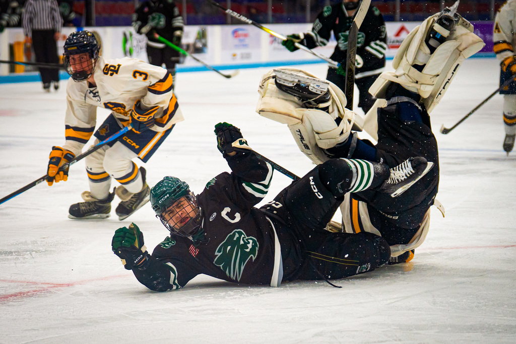 Hockey player colliding with goalie