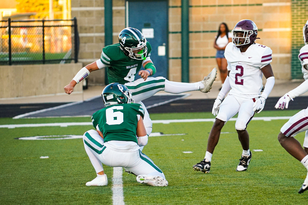 Four football players on a field. A player with the number 4 kicks a ball. Players with numbers 2, 6, and an unnumbered player watch.