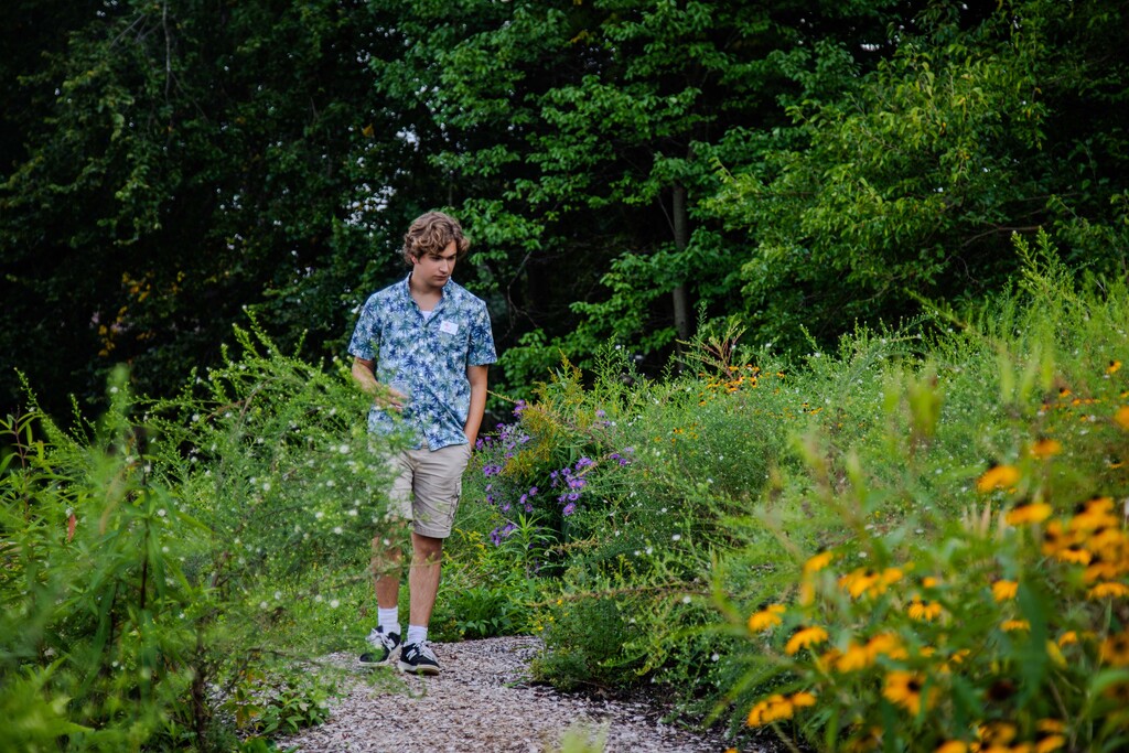 Student walking through garden