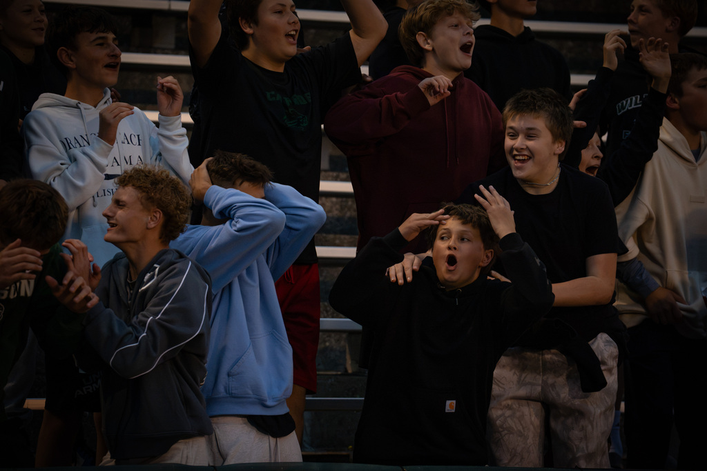 Group of young people standing in bleachers, cheering, with hands raised or covering eyes.