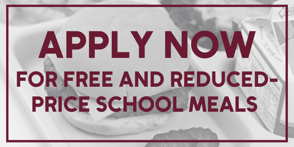 black and white photo of a school lunch tray with a burger, milk, and fries. text on the graphic says apply now for free and reduced-price school meals