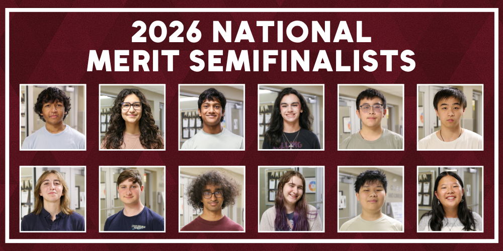 Grid of photo headshots of 12 students with text "2026 National Merit Semifinalists" at the top