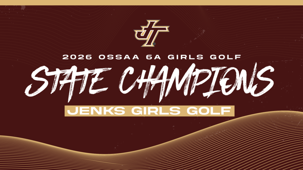 A graphic showing that the 2026 Jenks girls golf team has won the state champion title in 6A