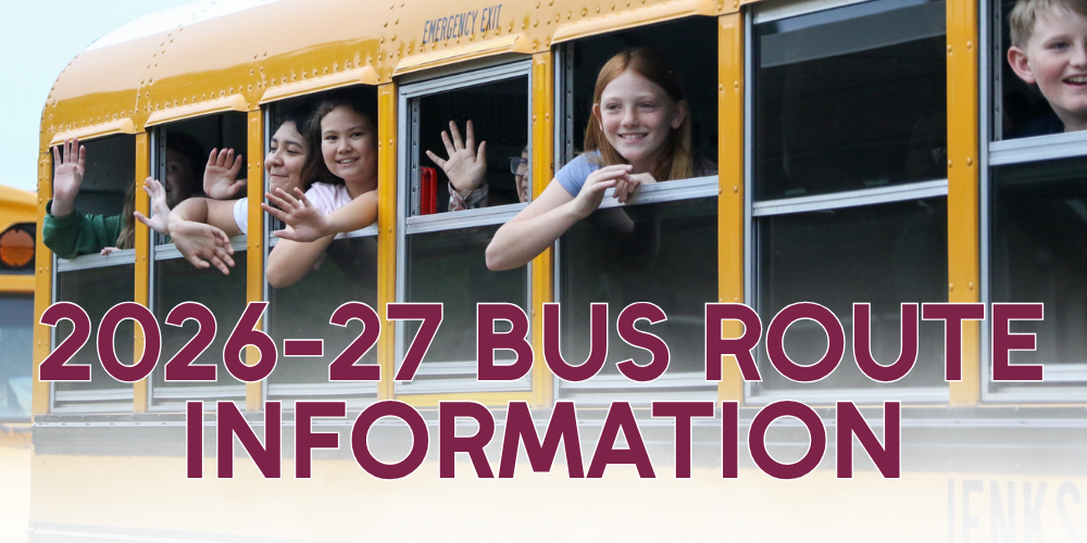 photo of students waving through open windows on the bus. text says 2026-27 bus route information