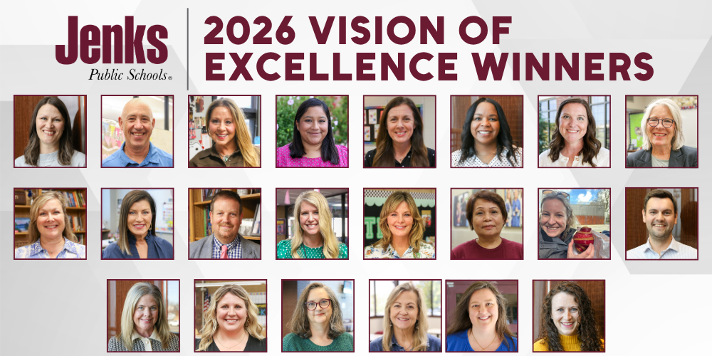 graphic with all 22 headshots of the 2026 vision of excellence winners text on the graphic says jenks public schools 2026 vision of excellence winners