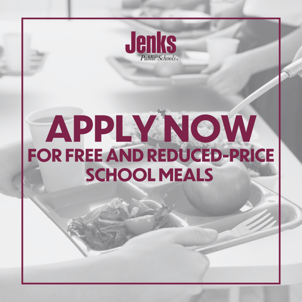 graphic with lunch tray in background and text "apply now for free and reduced-price school meals"