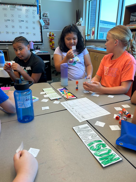 Group of students working on a Portrait of a Graduate matching activity.
