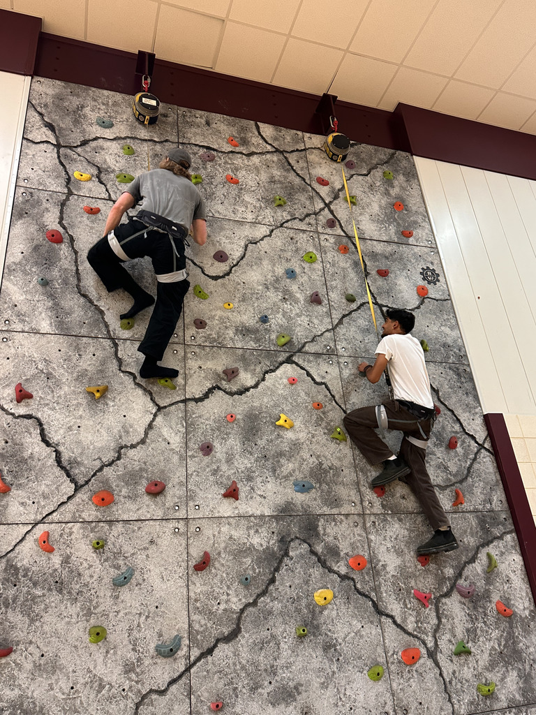 two students climbing a rock wall