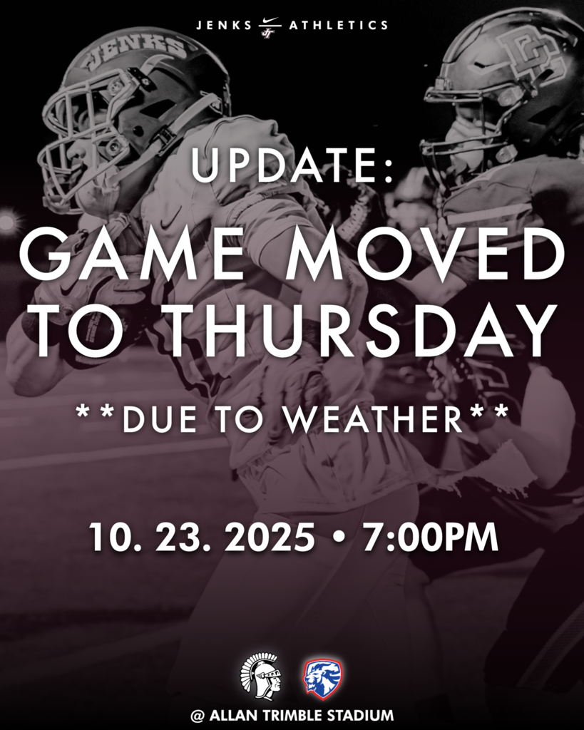 Graphic depicting a Jenks football player with text: Game moved to Thursday due to weather, October 23 at 7 p.m.