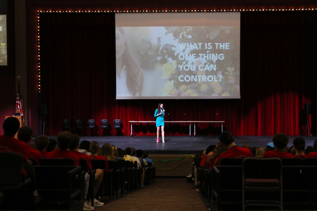 wide shot of stage at Performing Arts Center with Lauren Frost, Miss Oklahoma 2024, delivering keynote address