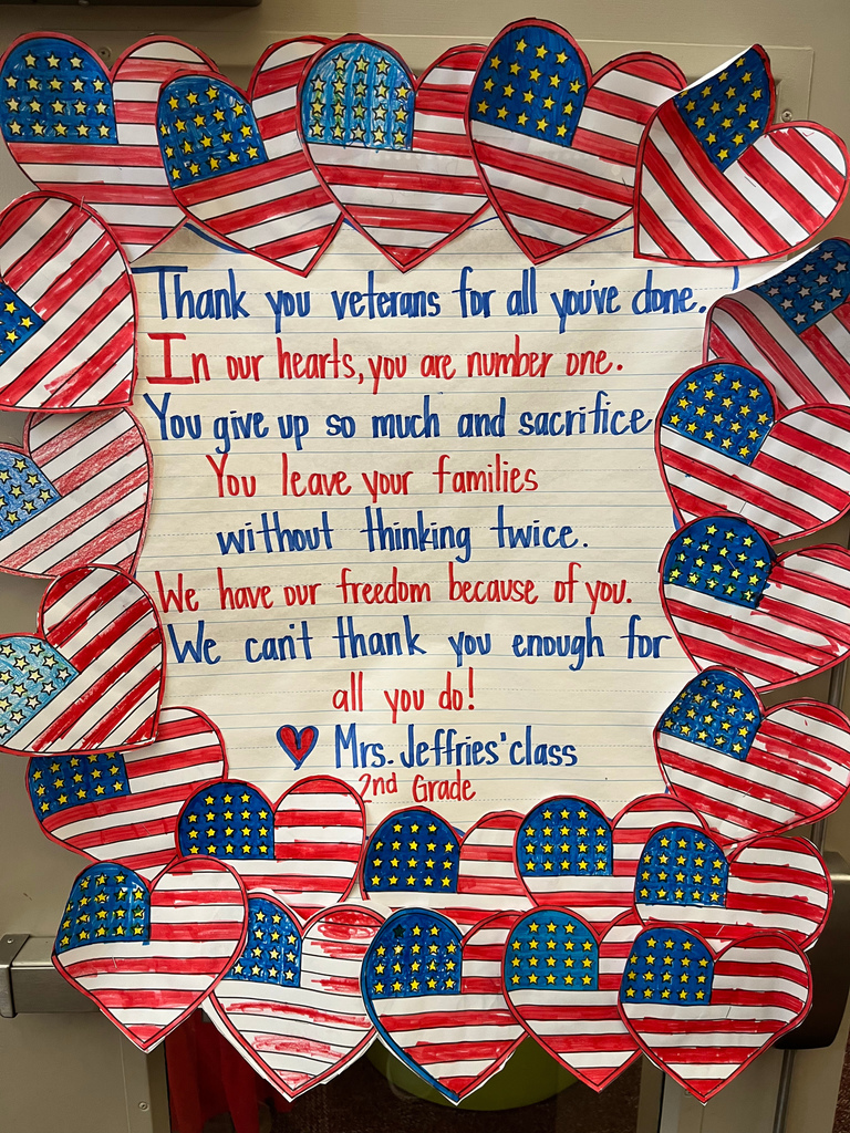 sign from mrs jefferies 2nd grade class that says thank you veterans for all youve done in our hearts you are number one you give up so much and sacrifice you leave your families without thinking twice we have our freedom because of you we can't thank you enough for all you do