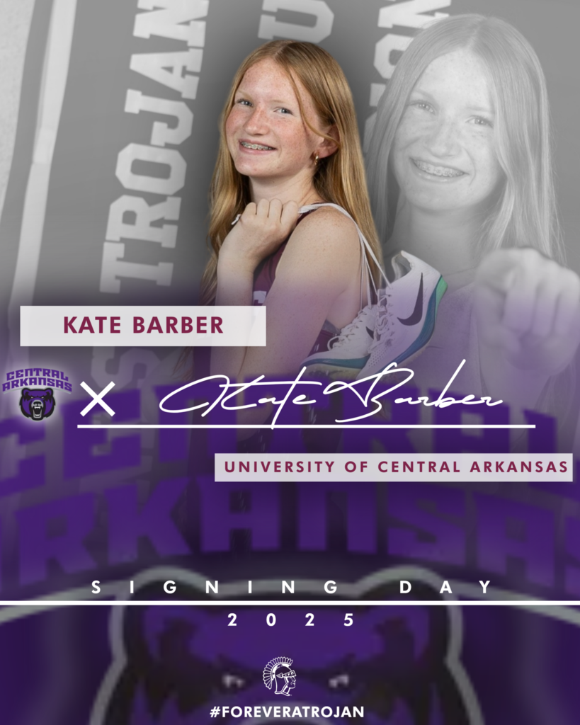 signing day graphic for Kate Barber with photo, signature, and college logo
