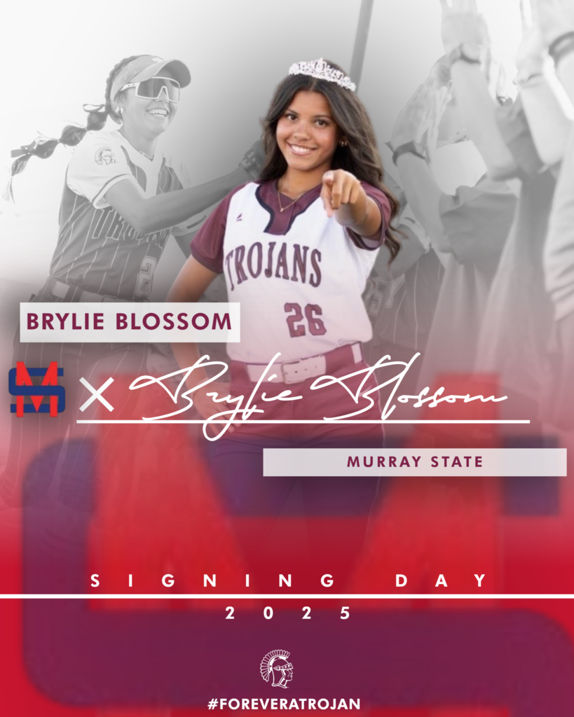 signing day graphic for Brylie Blossom with photo, signature, and college logo