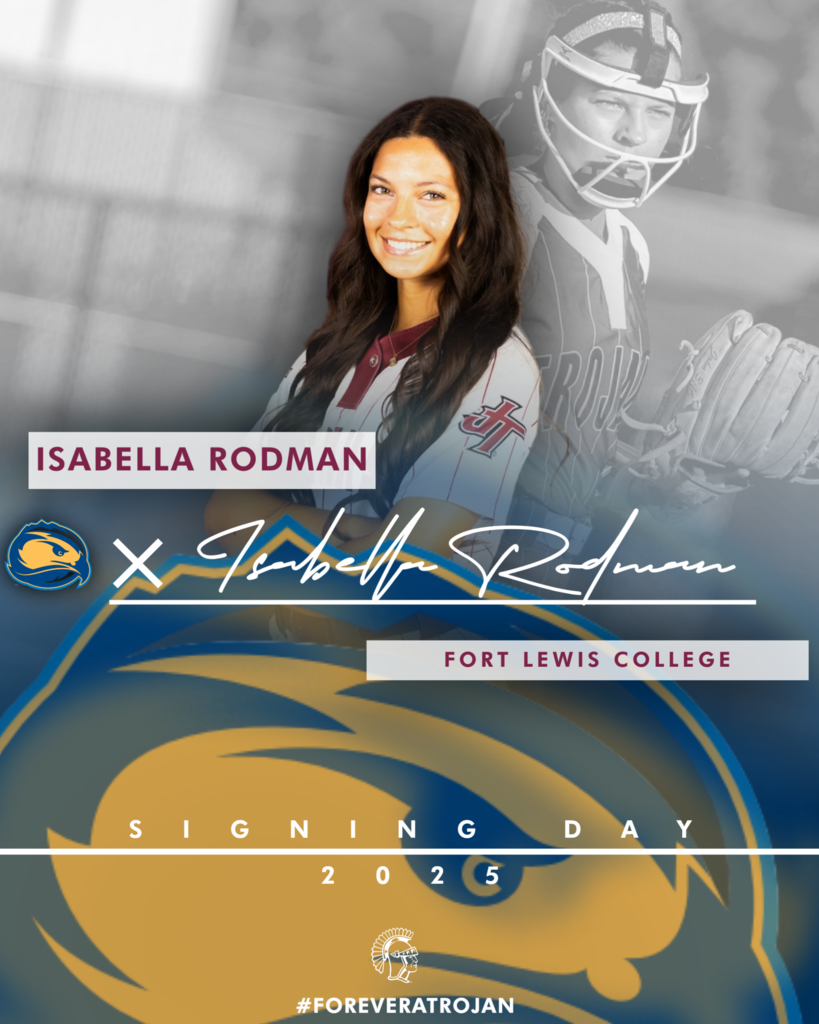 signing day graphic for Isabella Rodman with photo, signature, and college logo