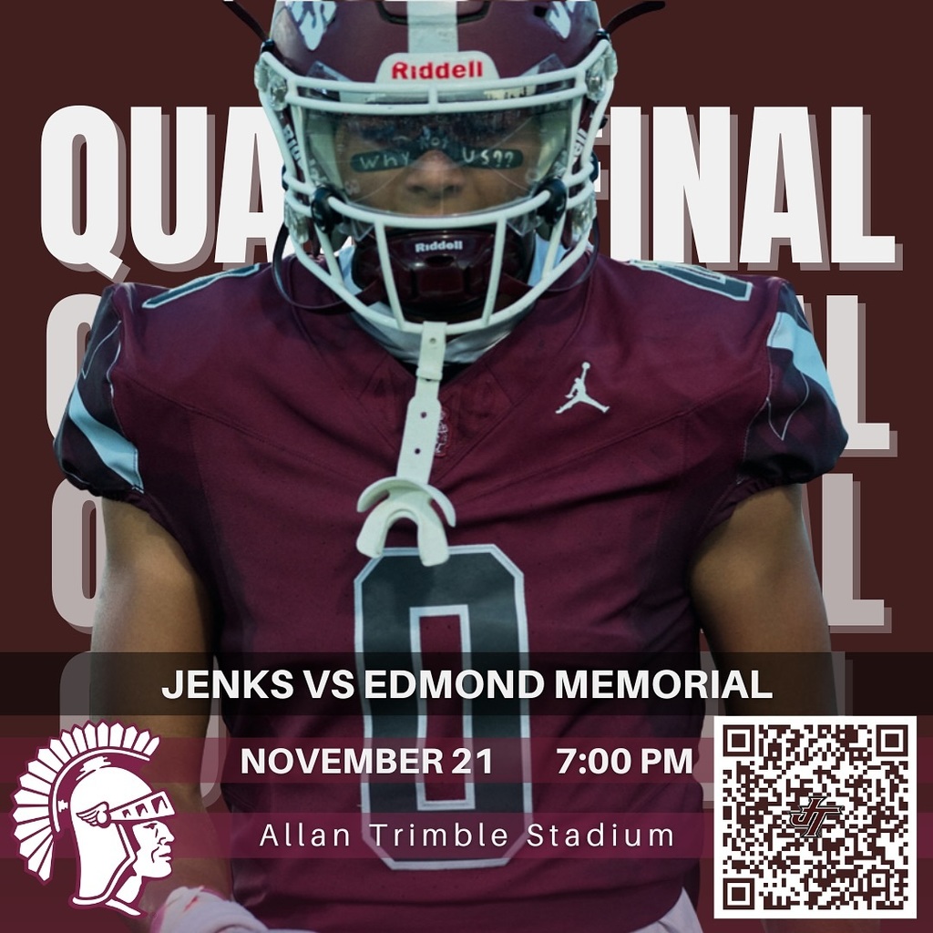 graphic with photo of Jenks football player and text "Jenks vs Edmond Memorial, November 21 7 p.m. at Allan Trimble Stadium"
