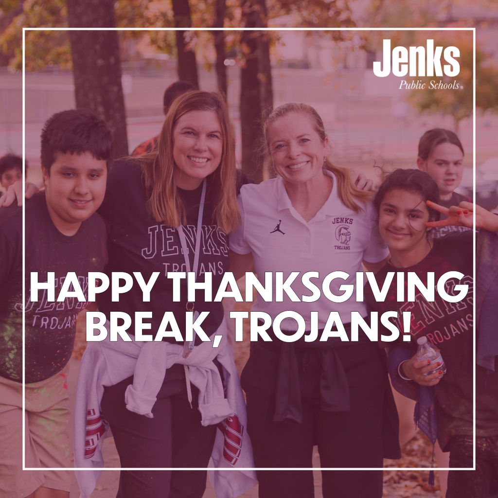 photo of two intermediate teachers and two students with Happy Thanksgiving Break, Trojans! written on the graphic