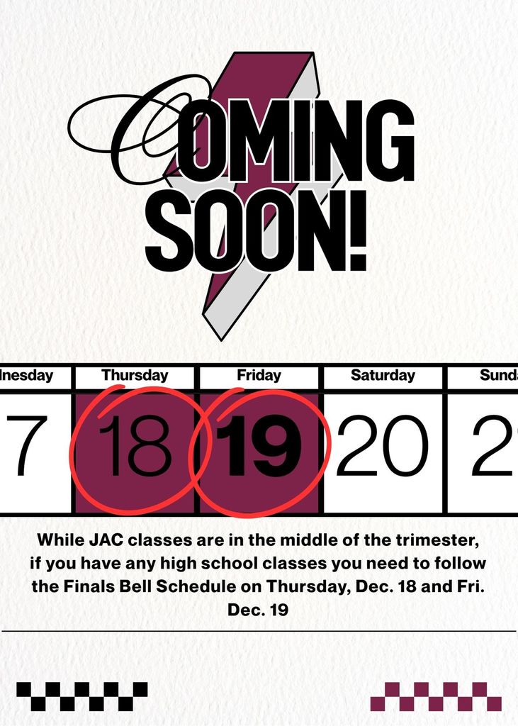 Reminder about finals schedule for Dec 18 and Dec. 19