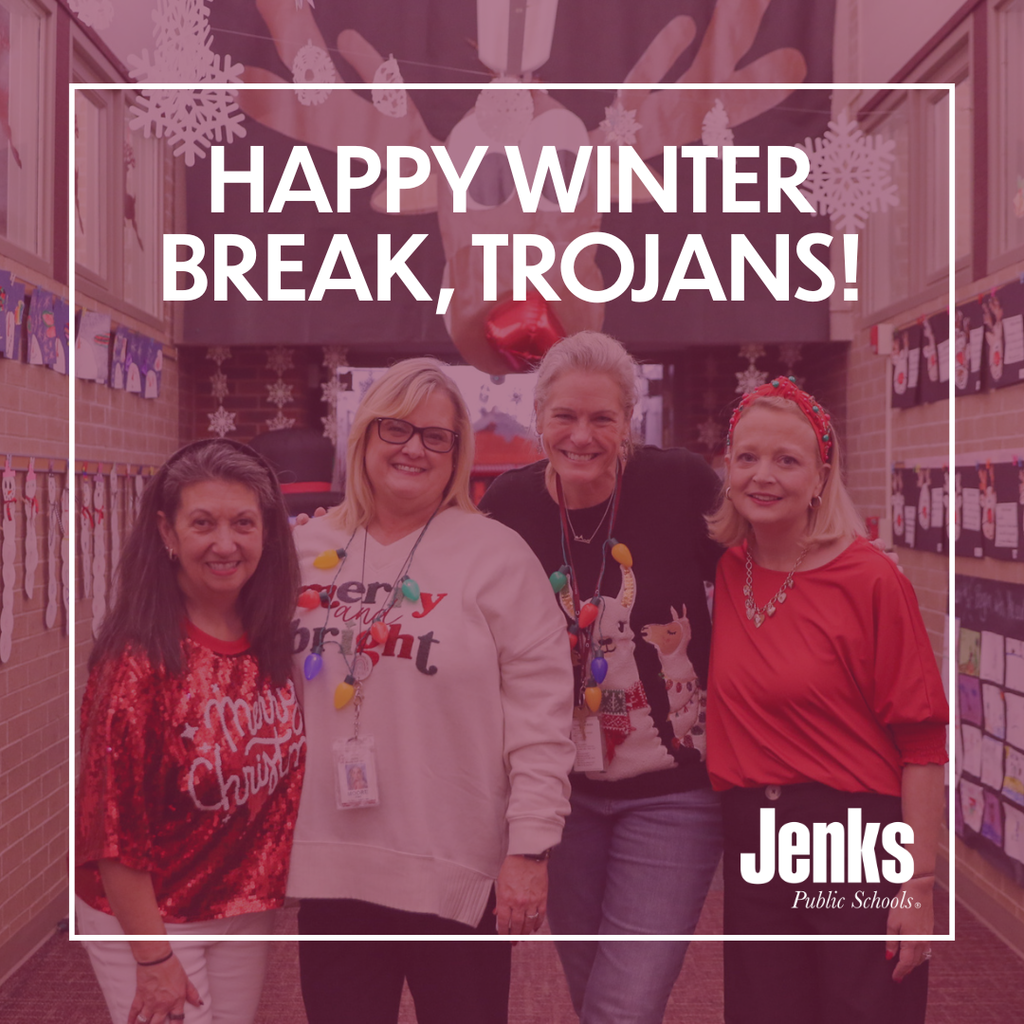 Graphic that says happy winter break, trojans. photo has 4 teachers in their holiday attire.