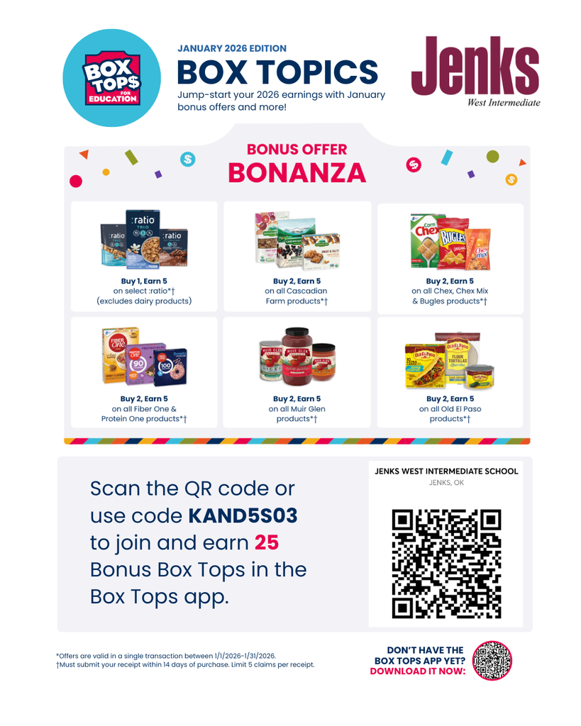 First image: Showcases the ways to bundle points in January , the referral code and qr code for joining JWI on Box Tops for Education