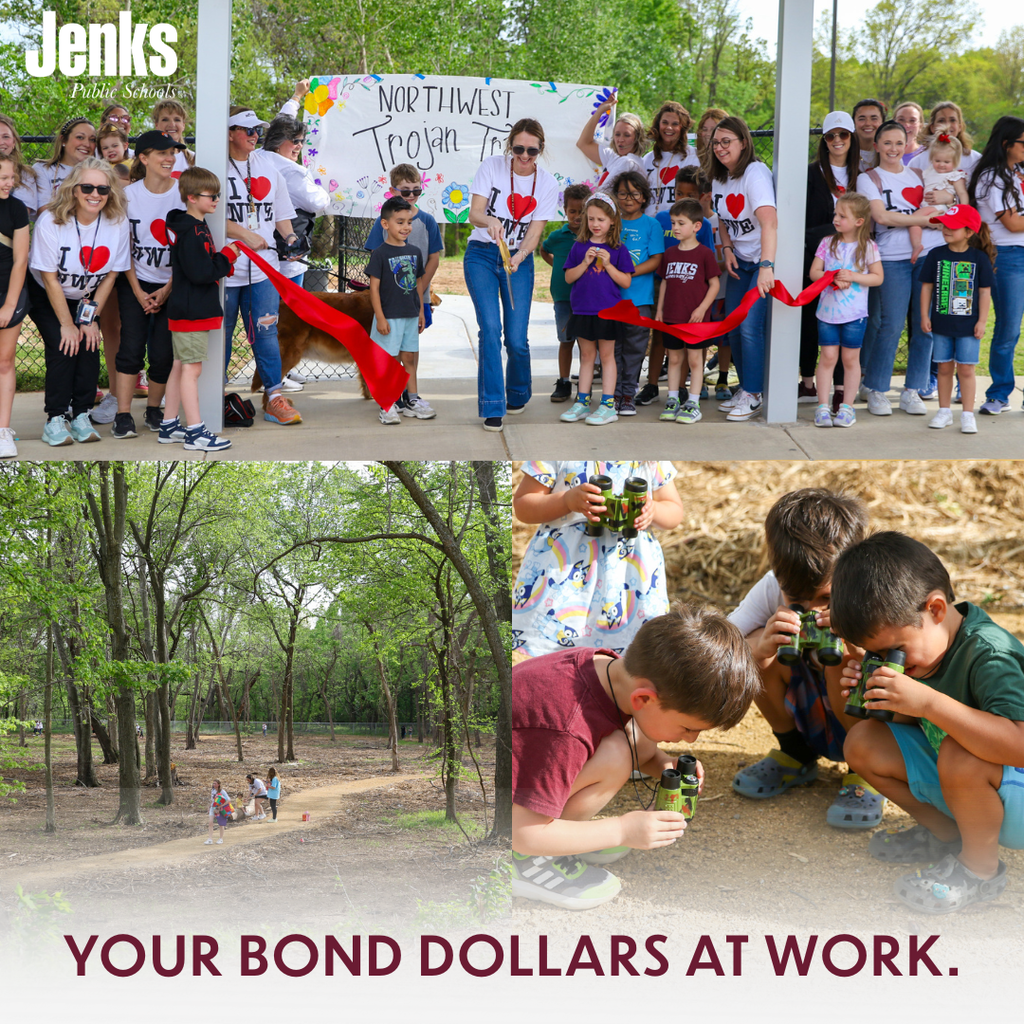 Three photos in one grid - top photo of ribbon cutting ceremony for Trojan Trail at Jenks Northwest Elementary, second photo bottom left is a wide shot of the trail through the tree, third photo bottom right is a group of boys with binoculars looking at bugs on the trail