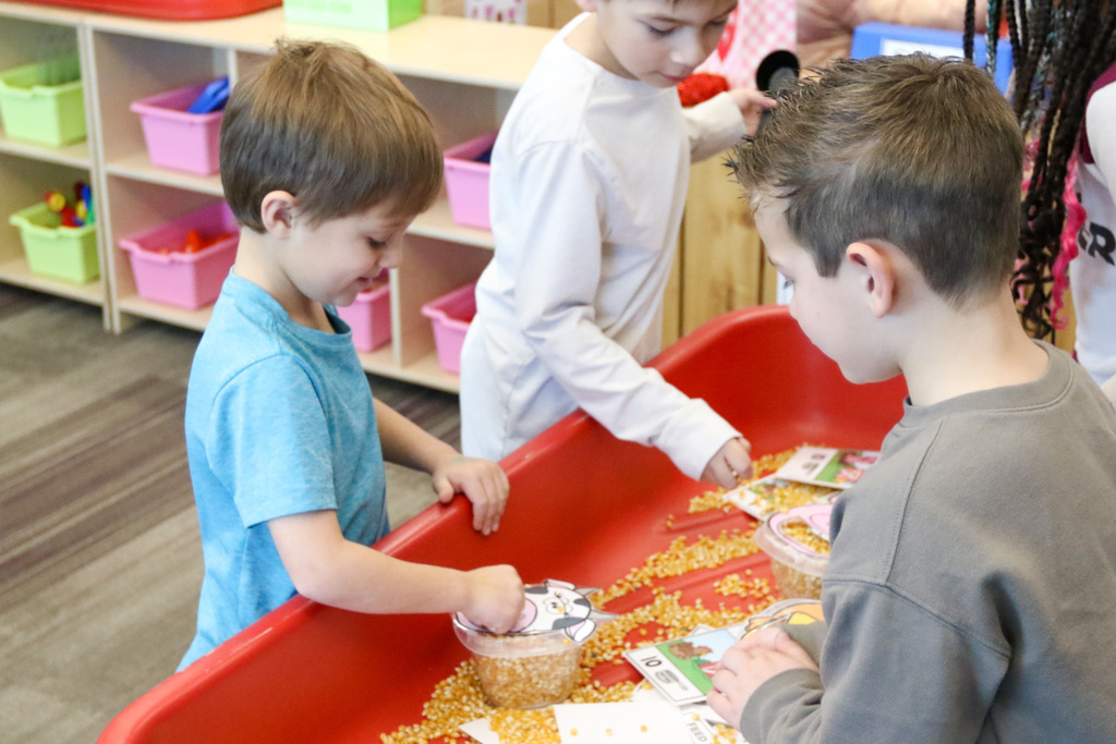 boys playing with a enrichment bin