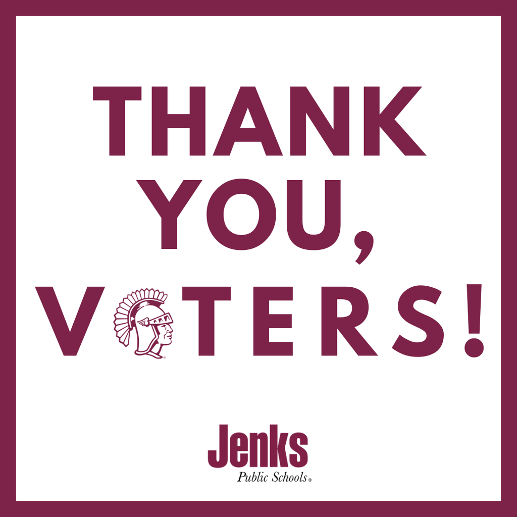 simple graphic with white background and maroon text "Thank You, Voters!" and the Jenks Public Schools logo underneath