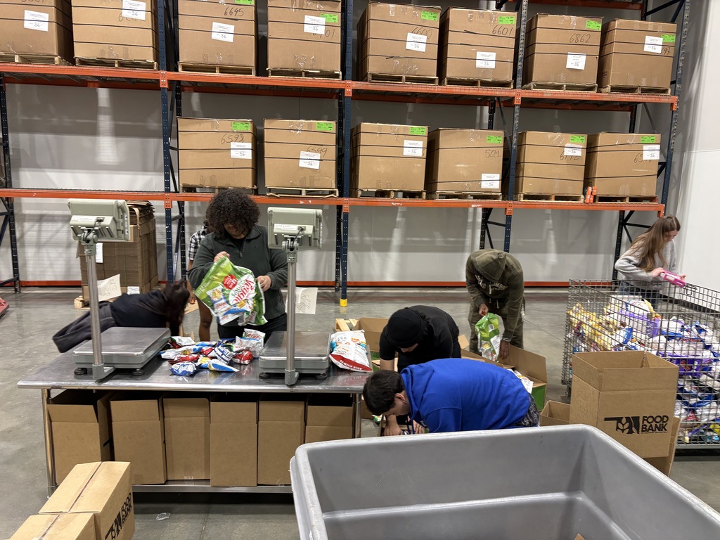 various students packing boxes