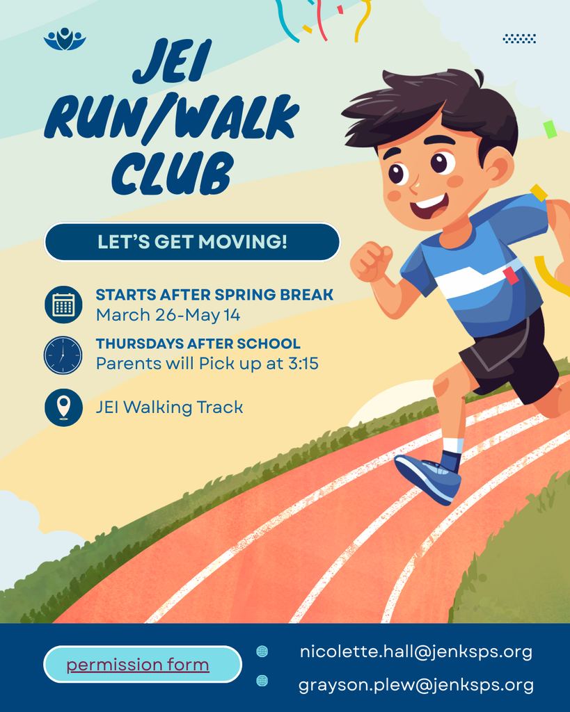 flyer for after school JEI walk/run club-Thursdays after school starting after spring break. parents pick up at 3:15
