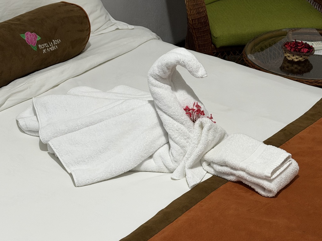 Towel swan on the bed of the hotel room in Costa Rica
