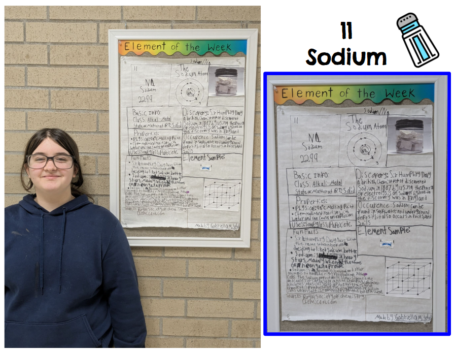 Student standing with element poster