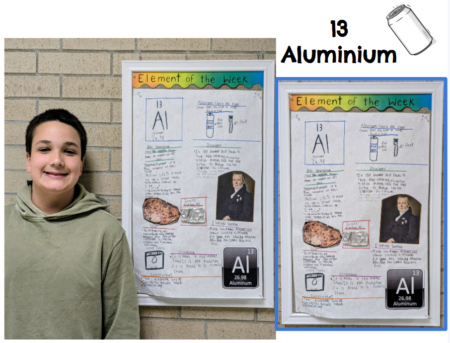 Student standing with element poster