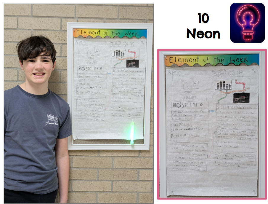 Student standing with element poster