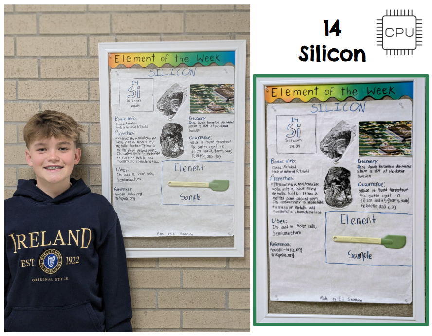 Student standing with element poster