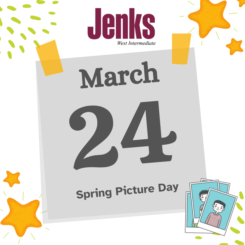 image that says Jenks West Intermediate: March 24 Spring Picture Day.  Images of stars and polaroids included for decoration.