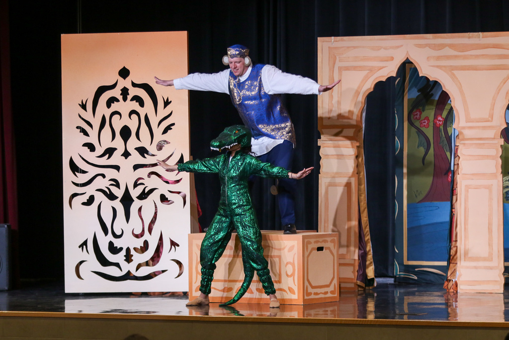 Monkey with a an alligator on stage